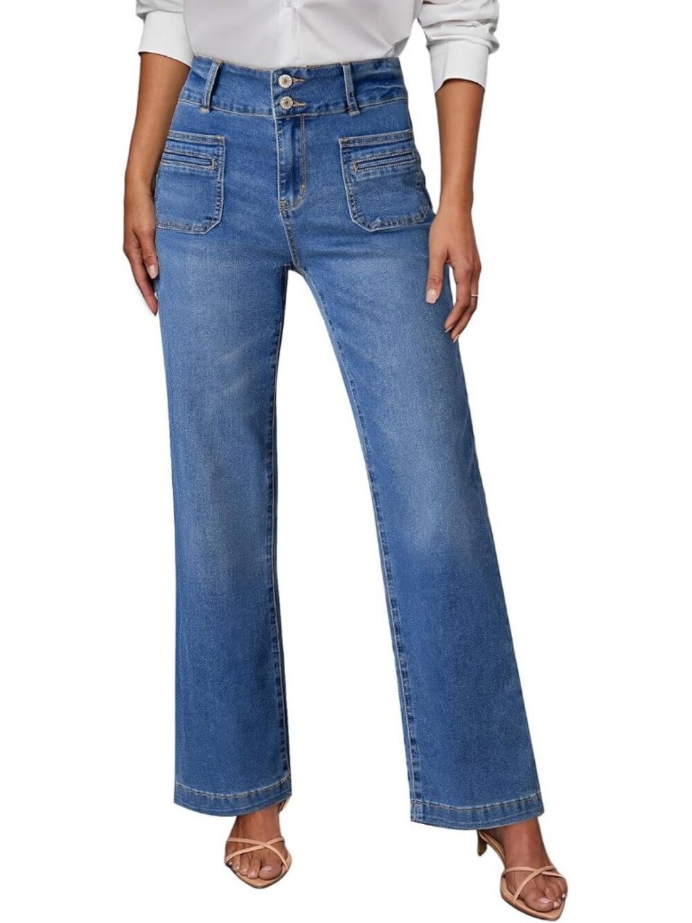 Women Dark Blue Tummy Control Stretchy Cotton Blend Zip Up Straight Leg Jeans